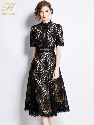 H Han Queen 2024 tavaszi új, elegáns party ruhák 2024 virágos horgolt, vájt csipke Vestido patchwork alkalmi irodai Midi ruha