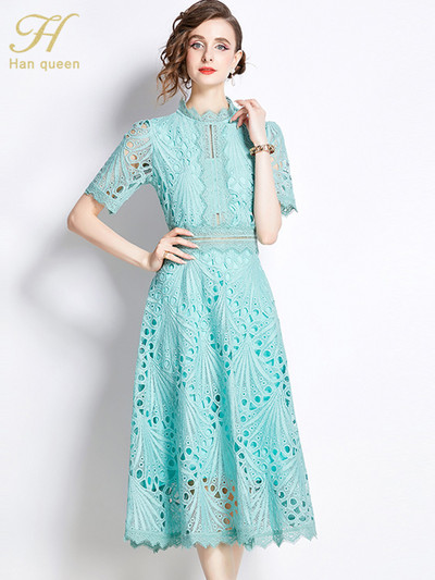H Han Queen 2024 tavaszi új, elegáns party ruhák 2024 virágos horgolt, vájt csipke Vestido patchwork alkalmi irodai Midi ruha