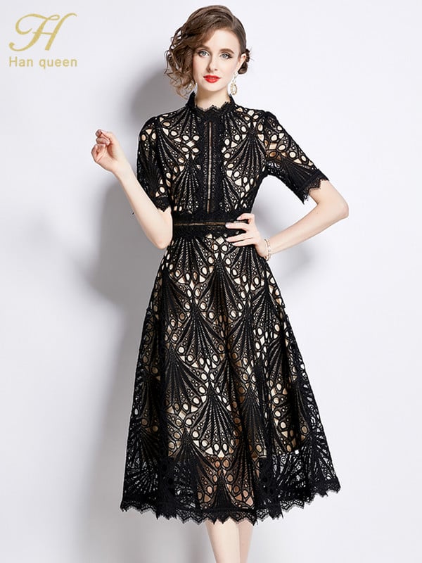 H Han Queen 2024 tavaszi új, elegáns party ruhák 2024 virágos horgolt, vájt csipke Vestido patchwork alkalmi irodai Midi ruha