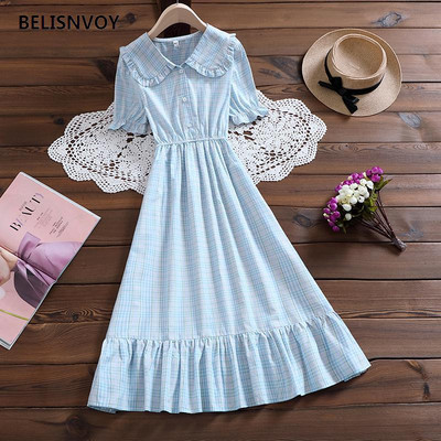 Mori Girl Eleganta Midi Vestidos Jauna vasaras modes Pētera Pena apkakle ar piedurknēm sieviešu retro kleita rūtaini japāņu ballītes vestidos