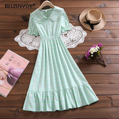 Mori Girl Eleganta Midi Vestidos Jauna vasaras modes Pētera Pena apkakle ar piedurknēm sieviešu retro kleita rūtaini japāņu ballītes vestidos