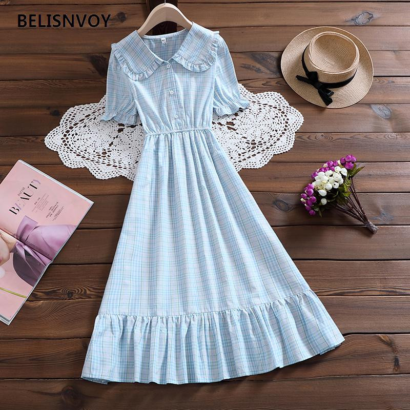 Mori Girl Eleganta Midi Vestidos Jauna vasaras modes Pētera Pena apkakle ar piedurknēm sieviešu retro kleita rūtaini japāņu ballītes vestidos