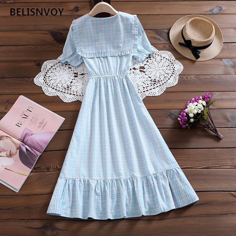 Mori Girl Eleganta Midi Vestidos Jauna vasaras modes Pētera Pena apkakle ar piedurknēm sieviešu retro kleita rūtaini japāņu ballītes vestidos