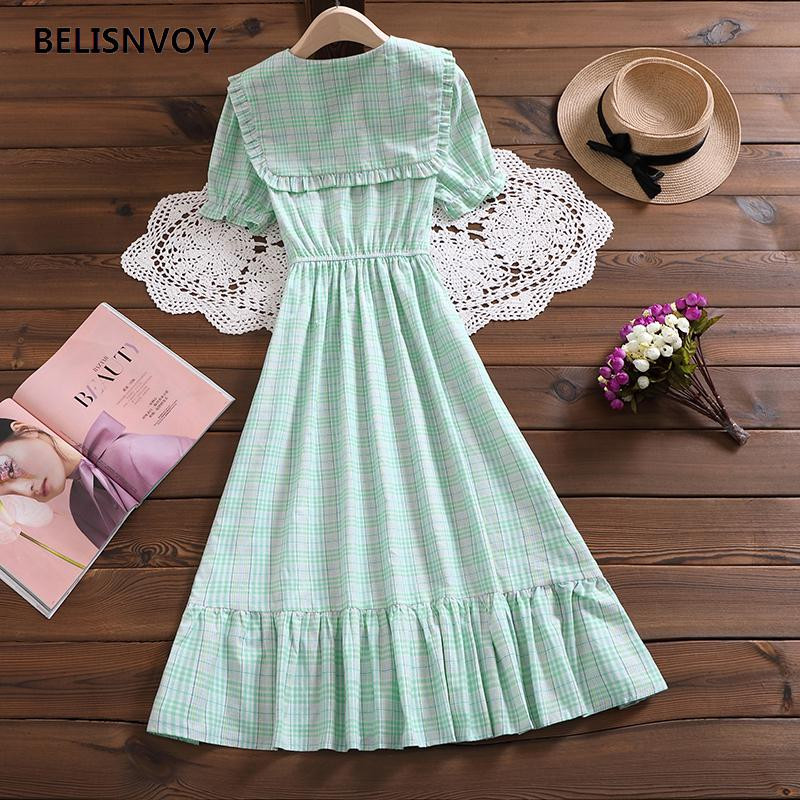 Mori Girl Eleganta Midi Vestidos Jauna vasaras modes Pētera Pena apkakle ar piedurknēm sieviešu retro kleita rūtaini japāņu ballītes vestidos