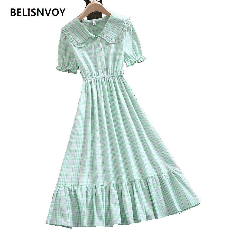 Mori Girl Eleganta Midi Vestidos Jauna vasaras modes Pētera Pena apkakle ar piedurknēm sieviešu retro kleita rūtaini japāņu ballītes vestidos