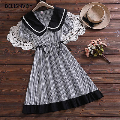 Mori meitene vasaras jauka kleita sievietēm jūrnieka apkakle Sieviešu vintage rūtainā kokvilnas kleita Eleganta, volāniem ballīte Midi Vestidos