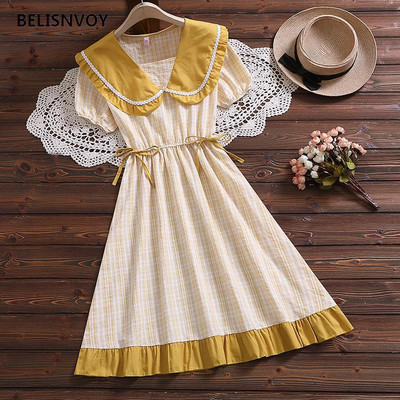 Mori meitene vasaras jauka kleita sievietēm jūrnieka apkakle Sieviešu vintage rūtainā kokvilnas kleita Eleganta, volāniem ballīte Midi Vestidos