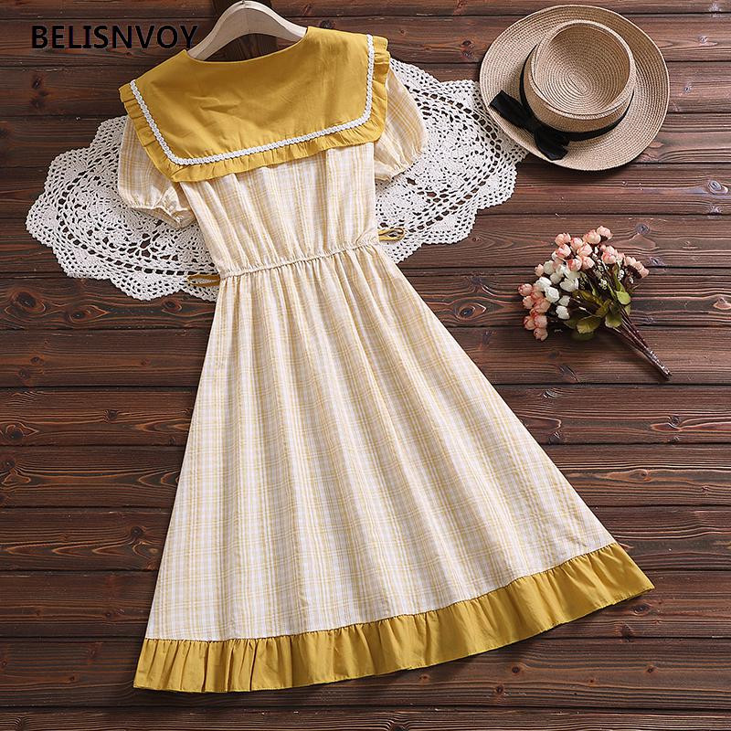 Mori meitene vasaras jauka kleita sievietēm jūrnieka apkakle Sieviešu vintage rūtainā kokvilnas kleita Eleganta, volāniem ballīte Midi Vestidos