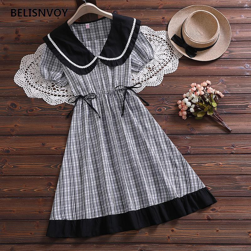 Mori meitene vasaras jauka kleita sievietēm jūrnieka apkakle Sieviešu vintage rūtainā kokvilnas kleita Eleganta, volāniem ballīte Midi Vestidos
