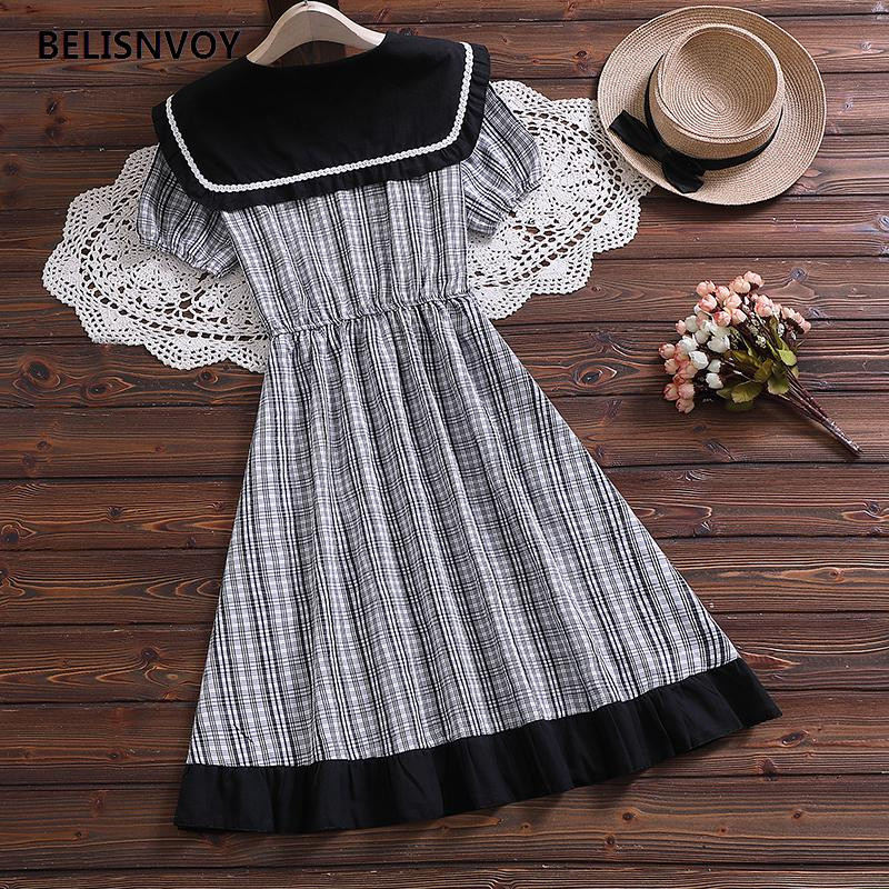 Mori meitene vasaras jauka kleita sievietēm jūrnieka apkakle Sieviešu vintage rūtainā kokvilnas kleita Eleganta, volāniem ballīte Midi Vestidos
