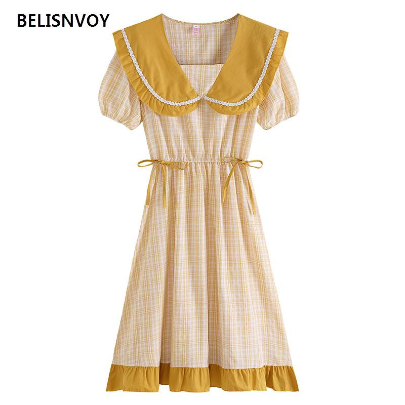 Mori meitene vasaras jauka kleita sievietēm jūrnieka apkakle Sieviešu vintage rūtainā kokvilnas kleita Eleganta, volāniem ballīte Midi Vestidos