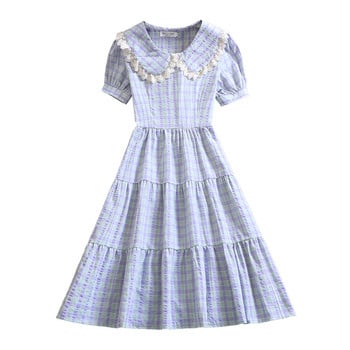 Mori Girl Plaid Vestidos Нова лятна модна дамска ежедневна рокля с къс ръкав