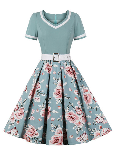 Tonval Vintage ženska cvjetna plisirana rockabilly haljina iz 50-ih, elegantne ženske pinup ljetne haljine visokog struka s remenom