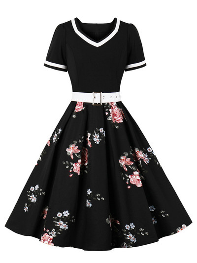 Tonval Vintage ženska cvjetna plisirana rockabilly haljina iz 50-ih, elegantne ženske pinup ljetne haljine visokog struka s remenom