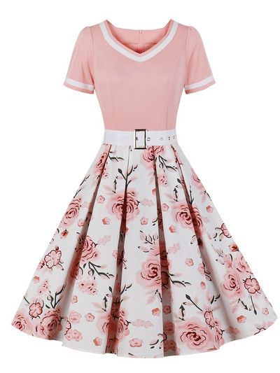 Tonval Vintage ženska cvjetna plisirana rockabilly haljina iz 50-ih, elegantne ženske pinup ljetne haljine visokog struka s remenom