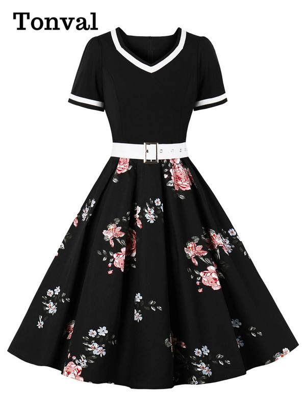 Tonval Vintage ženska cvjetna plisirana rockabilly haljina iz 50-ih, elegantne ženske pinup ljetne haljine visokog struka s remenom