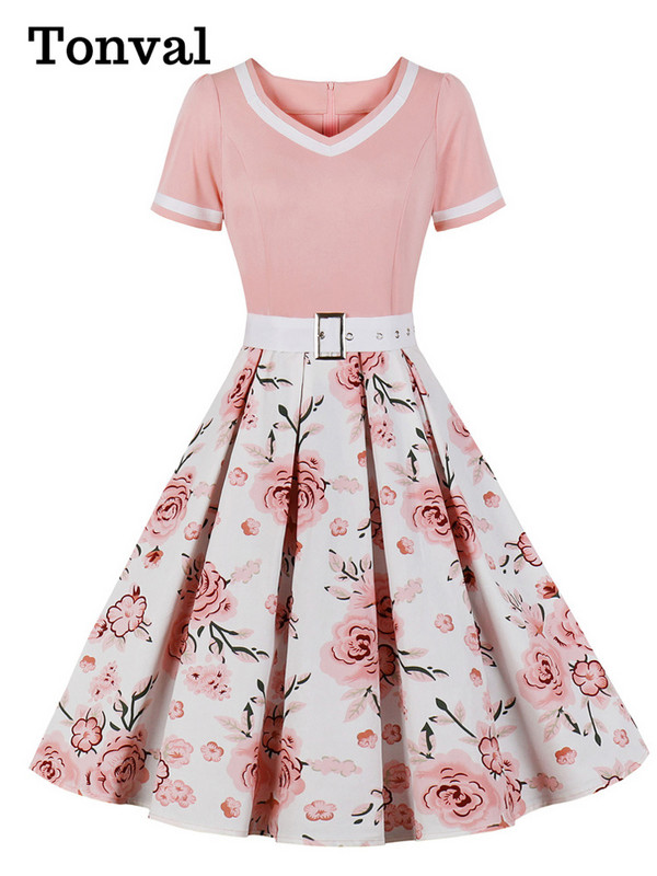 Tonval Vintage ženska cvjetna plisirana rockabilly haljina iz 50-ih, elegantne ženske pinup ljetne haljine visokog struka s remenom