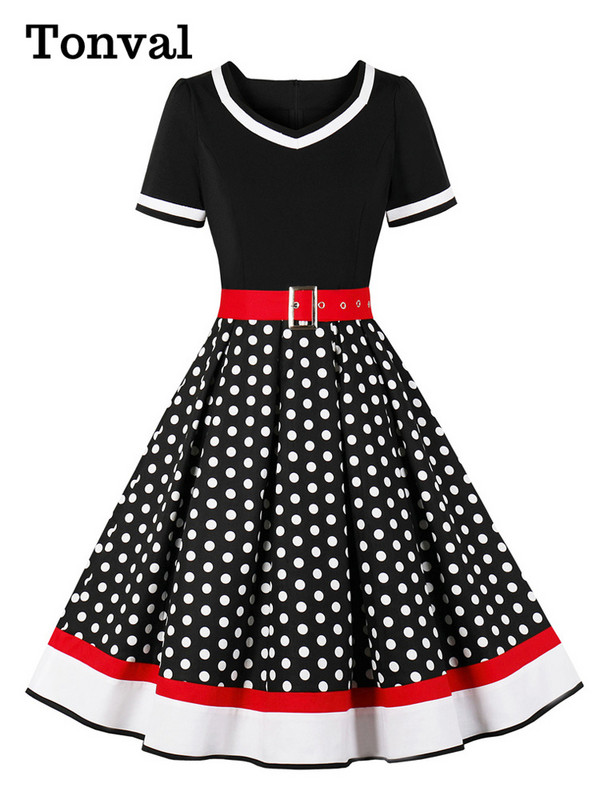 Tonval Vintage ženska cvjetna plisirana rockabilly haljina iz 50-ih, elegantne ženske pinup ljetne haljine visokog struka s remenom