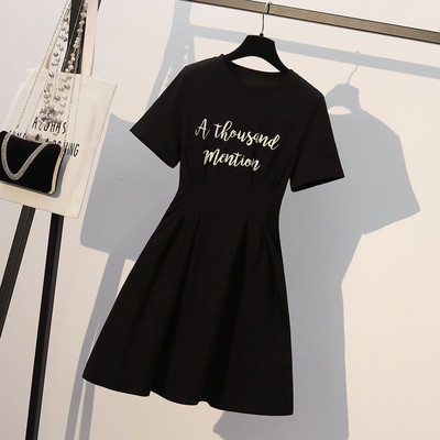 Divat nyomtatott O-nyakú hajtások Letter rövid ujjú Midi ruha Női Ruha 2023 Nyáron Új Túlméretes bő A-vonalú ruha