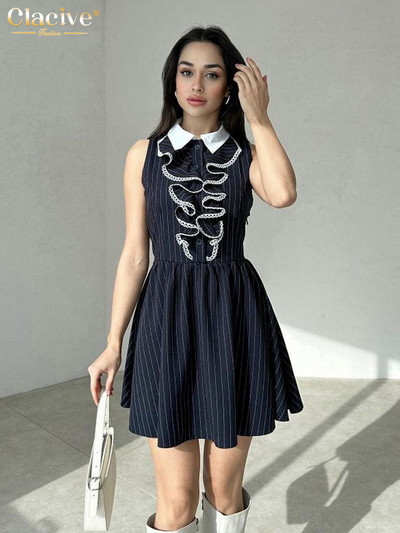 Clacive Ljetna uska ženska haljina s kaki printom 2024. Mini haljine bez rukava uz rever, elegantna plisirana haljina visokog struka