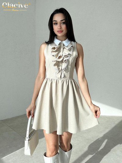 Clacive Ljetna uska ženska haljina s kaki printom 2024. Mini haljine bez rukava uz rever, elegantna plisirana haljina visokog struka