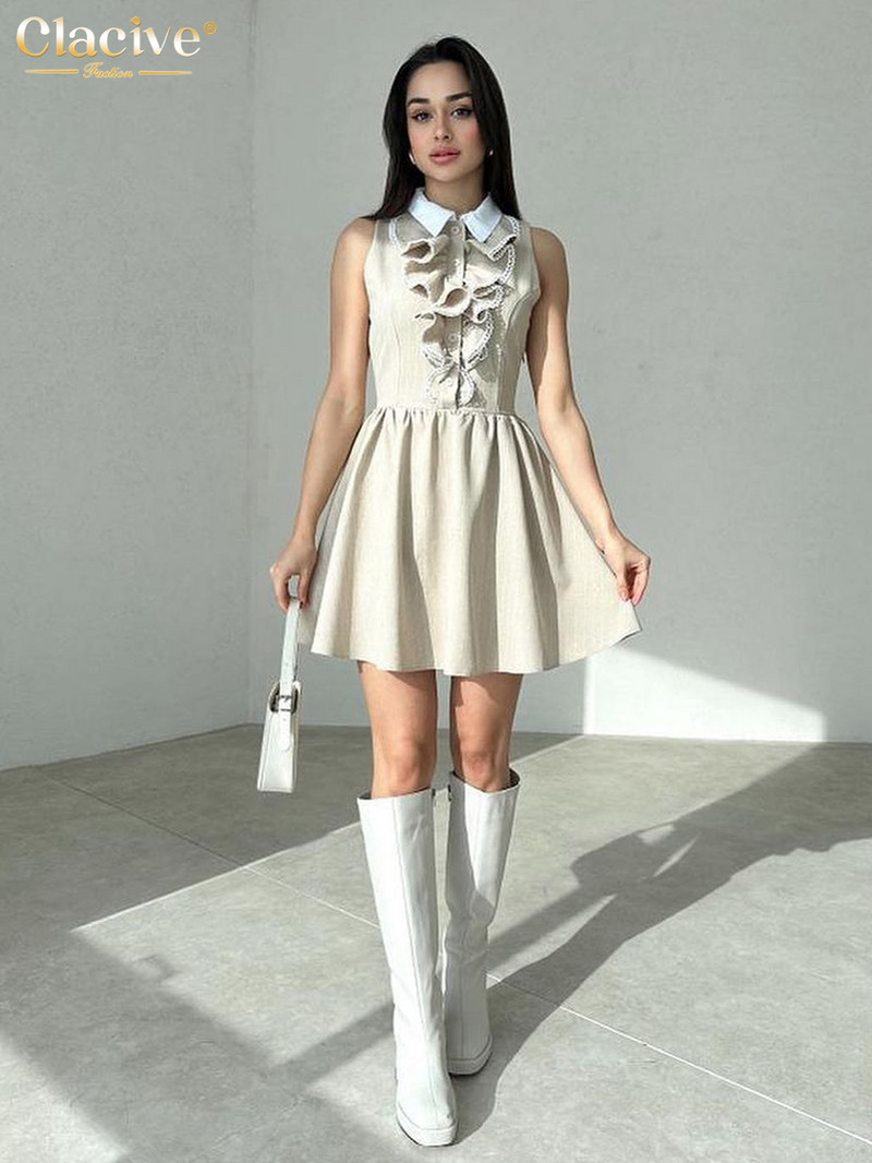 Clacive Ljetna uska ženska haljina s kaki printom 2024. Mini haljine bez rukava uz rever, elegantna plisirana haljina visokog struka