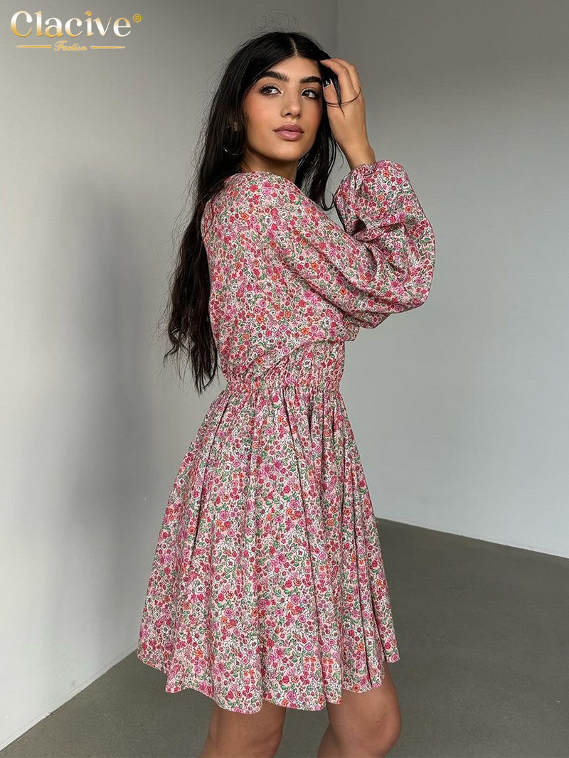 Clacive Vintage brīvi apdrukāta sieviešu kleita 2024. gada modes stilā ar pūšām piedurknēm, mini kleitas ar augstu vidukli. Eleganta sieviešu kleita ar kroku