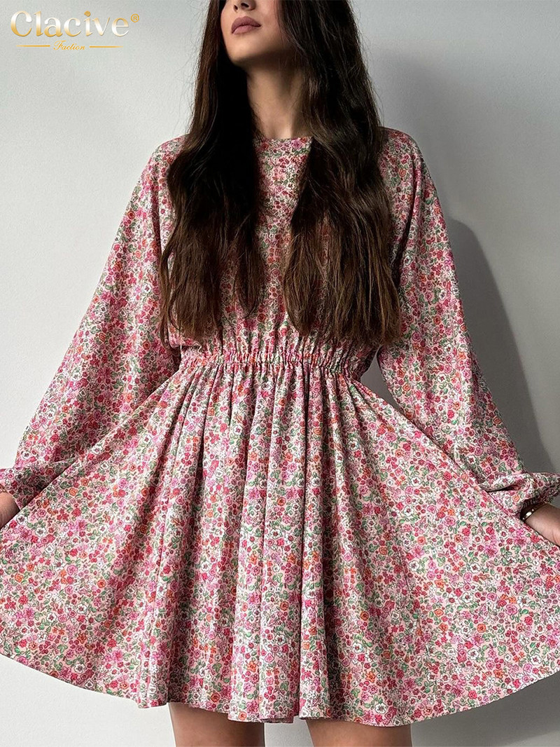 Clacive Vintage brīvi apdrukāta sieviešu kleita 2024. gada modes stilā ar pūšām piedurknēm, mini kleitas ar augstu vidukli. Eleganta sieviešu kleita ar kroku