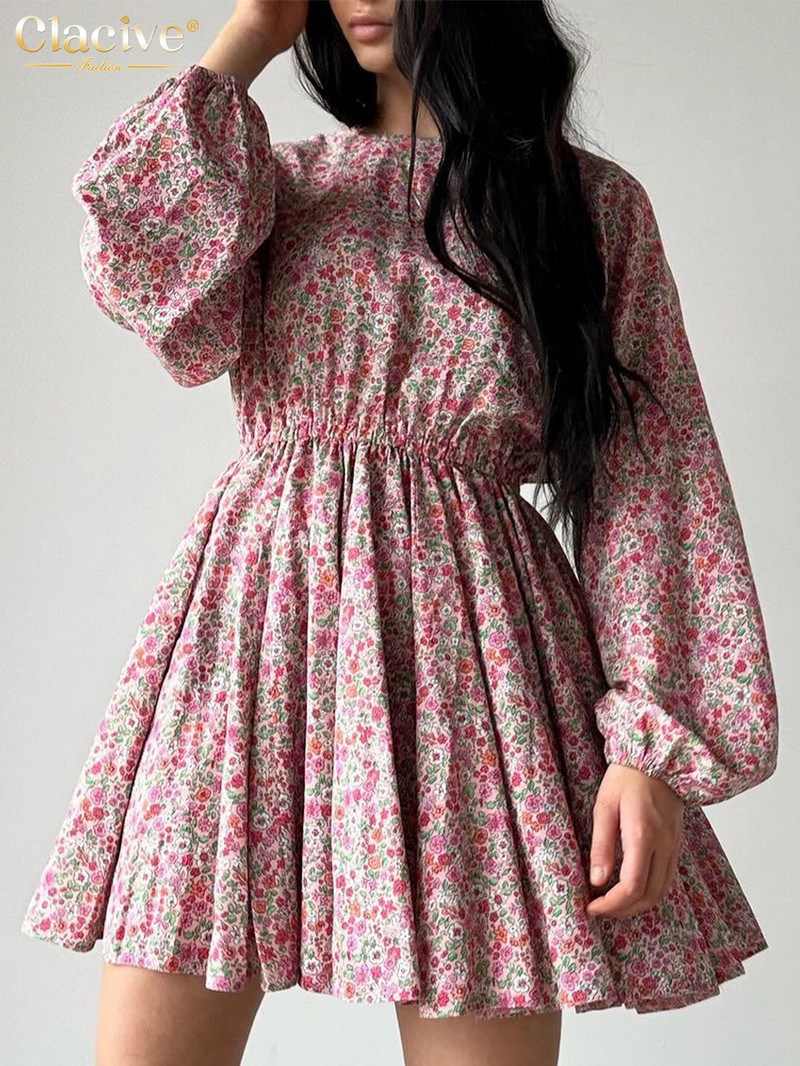 Clacive Vintage brīvi apdrukāta sieviešu kleita 2024. gada modes stilā ar pūšām piedurknēm, mini kleitas ar augstu vidukli. Eleganta sieviešu kleita ar kroku