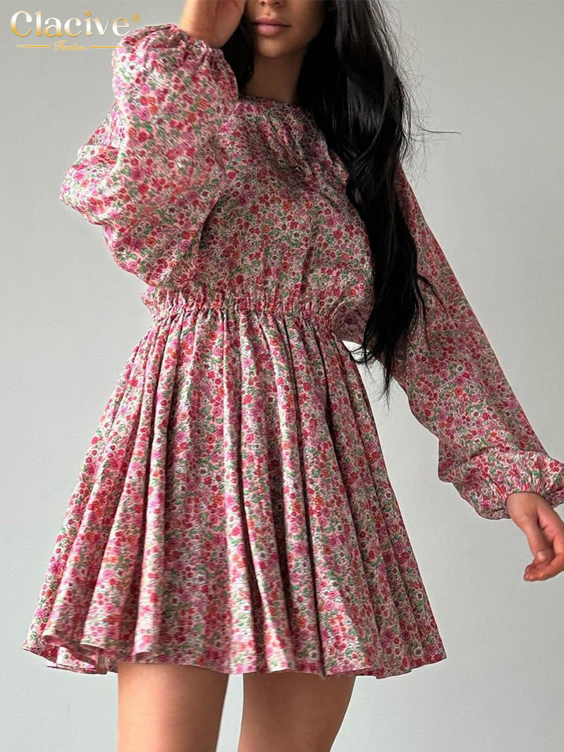 Clacive Vintage brīvi apdrukāta sieviešu kleita 2024. gada modes stilā ar pūšām piedurknēm, mini kleitas ar augstu vidukli. Eleganta sieviešu kleita ar kroku