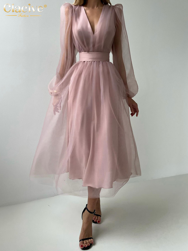 Clacive Fashion brīvi rozā sieviešu kleita 2024. gada eleganta V veida kakla izgriezuma piedurkne ar pufām piedurknēm līdz potītēm. Eleganta sieviešu kleita ar augstu vidukli