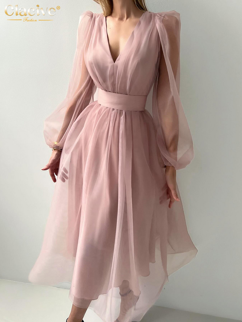 Clacive Fashion brīvi rozā sieviešu kleita 2024. gada eleganta V veida kakla izgriezuma piedurkne ar pufām piedurknēm līdz potītēm. Eleganta sieviešu kleita ar augstu vidukli