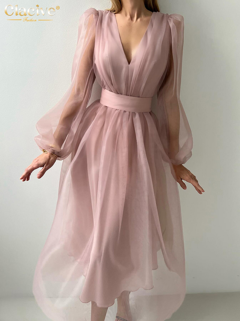 Clacive Fashion brīvi rozā sieviešu kleita 2024. gada eleganta V veida kakla izgriezuma piedurkne ar pufām piedurknēm līdz potītēm. Eleganta sieviešu kleita ar augstu vidukli