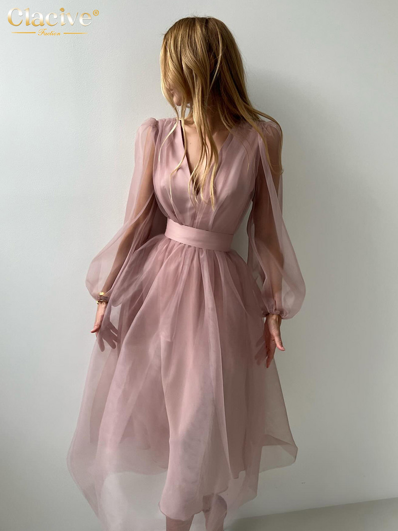 Clacive Fashion brīvi rozā sieviešu kleita 2024. gada eleganta V veida kakla izgriezuma piedurkne ar pufām piedurknēm līdz potītēm. Eleganta sieviešu kleita ar augstu vidukli