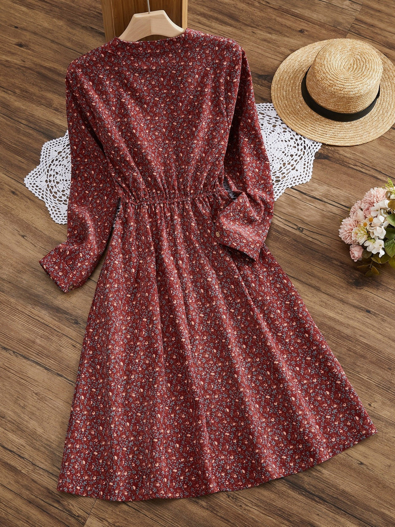 Hot Sales Prairie Chic Sweet Mori Girl Basic Wear Retro virágos nyomtatott midi köntös női kordbársony zsebruha Elegáns ruhák