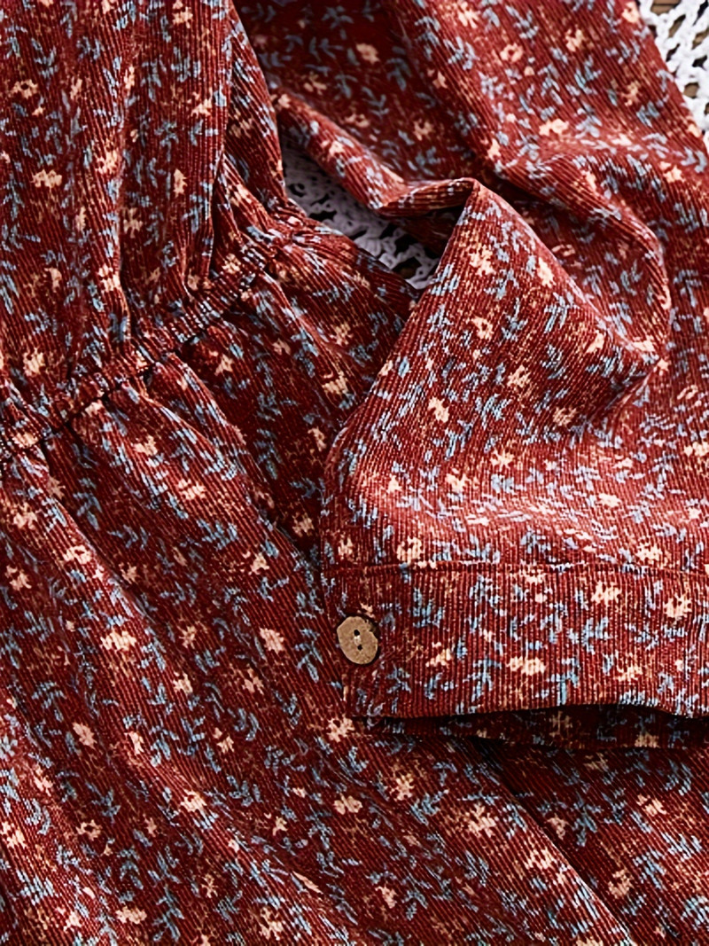 Hot Sales Prairie Chic Sweet Mori Girl Basic Wear Retro virágos nyomtatott midi köntös női kordbársony zsebruha Elegáns ruhák