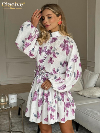 Clacive Fashion brīvi apdrukāta sieviešu kleita 2024. gada retro stila apkakle ar pūtīgām piedurknēm Minikleitas Eleganta, kroku sieviešu kleita ar mežģīnēm