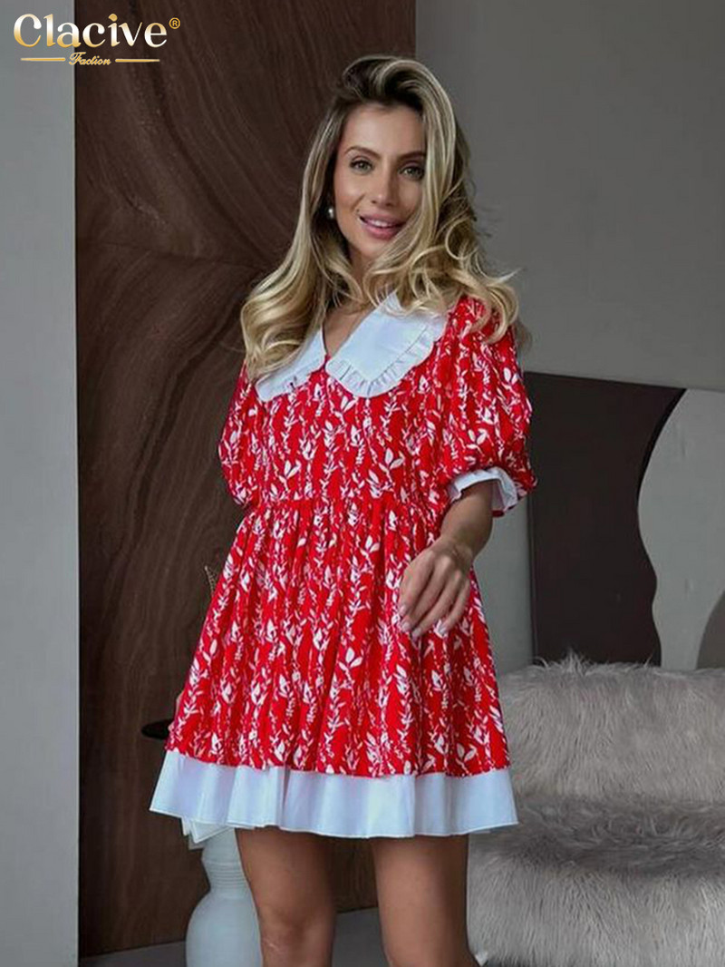 Clacive Fashion Loose Print Sieviešu kleita Vasaras lelles apkakle ar īsām piedurknēm Mini kleitas Eleganta klasiska sieviešu kleita ar raibumu