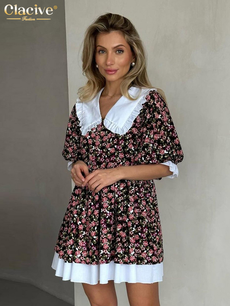 Clacive Fashion Loose Print Sieviešu kleita Vasaras lelles apkakle ar īsām piedurknēm Mini kleitas Eleganta klasiska sieviešu kleita ar raibumu
