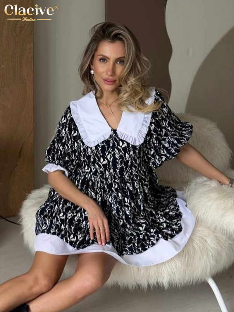 Clacive Fashion Loose Print Sieviešu kleita Vasaras lelles apkakle ar īsām piedurknēm Mini kleitas Eleganta klasiska sieviešu kleita ar raibumu