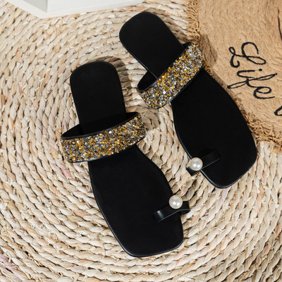 Дамски обувки 2023 Летни основни дамски чехли Модни открити развлекателни плажни чехли С отворени пръсти Перлени чехли с плоско дъно