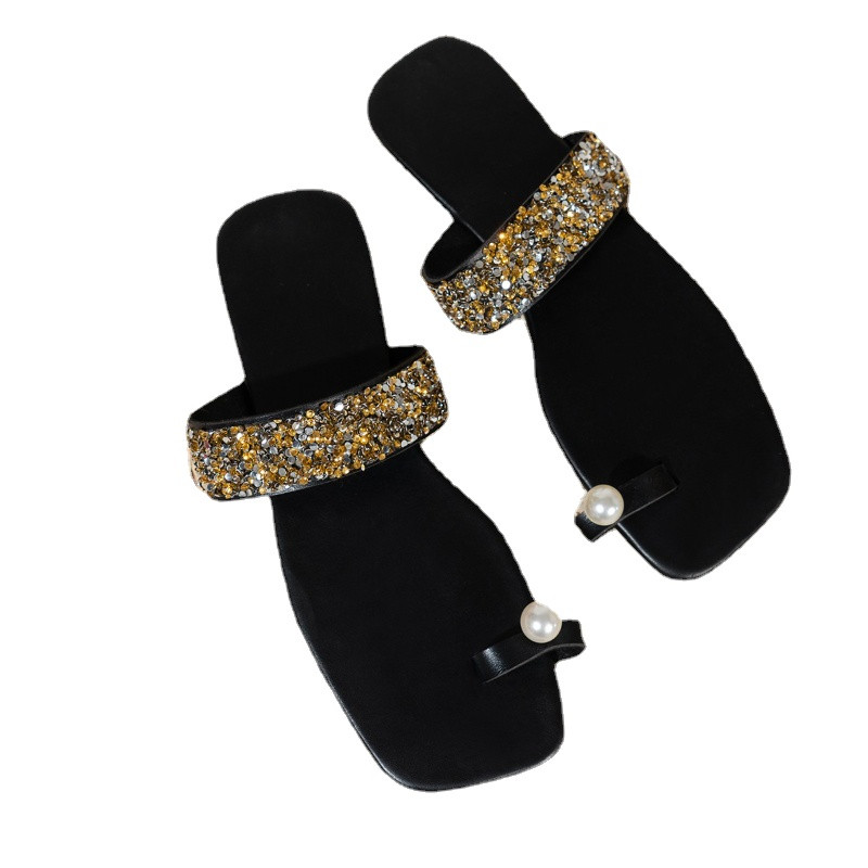 Sieviešu apavi 2023. gada vasaras pamata sieviešu čības Modes āra atpūtai pludmales čības ar atvērtu purngalu, pērļu čības ar plakanu apakšu