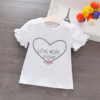Κοριτσίστικο μπλουζάκι Flare κοντομάνικο μπλουζάκι με στάμπα καρδιάς Παιδικά κοριτσίστικα ρούχα Γλυκό πουλόβερ καθημερινή παιδική στολή μπλουζάκι A836