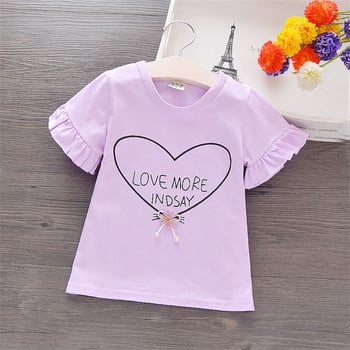 Κοριτσίστικο μπλουζάκι Flare κοντομάνικο μπλουζάκι με στάμπα καρδιάς Παιδικά κοριτσίστικα ρούχα Γλυκό πουλόβερ καθημερινή παιδική στολή μπλουζάκι A836