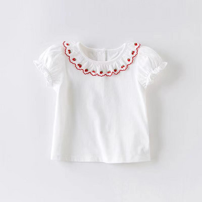 Uus 2024. aasta suvine T-särk tüdrukutele, kirsimustriga lühikeste varrukatega volangidega T-särk