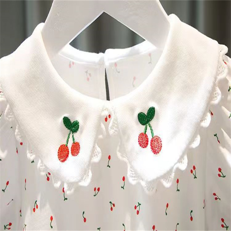 Uus 2024. aasta suvine T-särk tüdrukutele, kirsimustriga lühikeste varrukatega volangidega T-särk