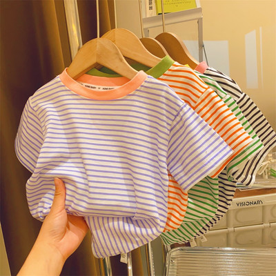 Laste lühikeste varrukatega tüdrukute 2024. aasta suvi uus triibuline T-särk beebi õhukese osaga poolvarrukatega särk vabaajarõivastele