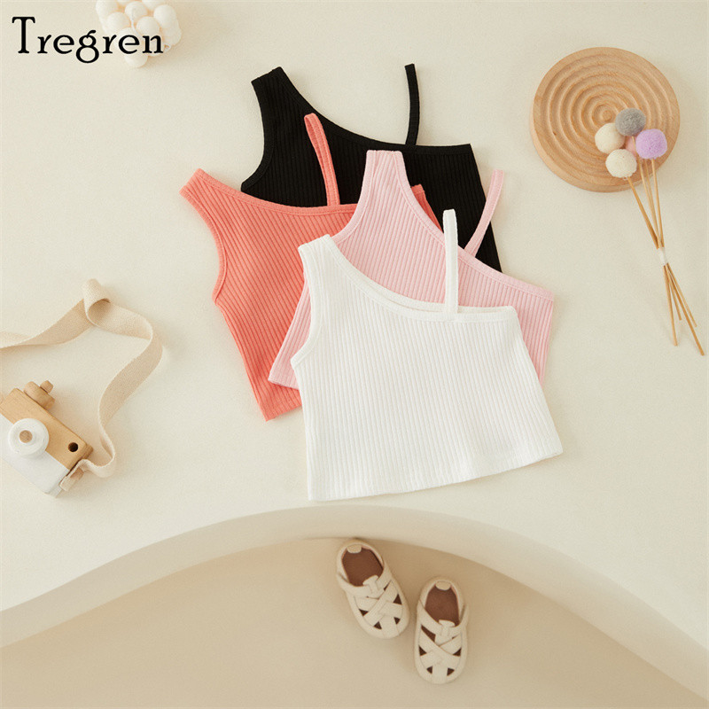 Tregren 2–8-aastased suvised väikesed tüdrukud, vestid, väikelapsed, armsa stiiliga ühevärvilised kaldus õlgadeta varrukateta vabaaja lühikesed topid