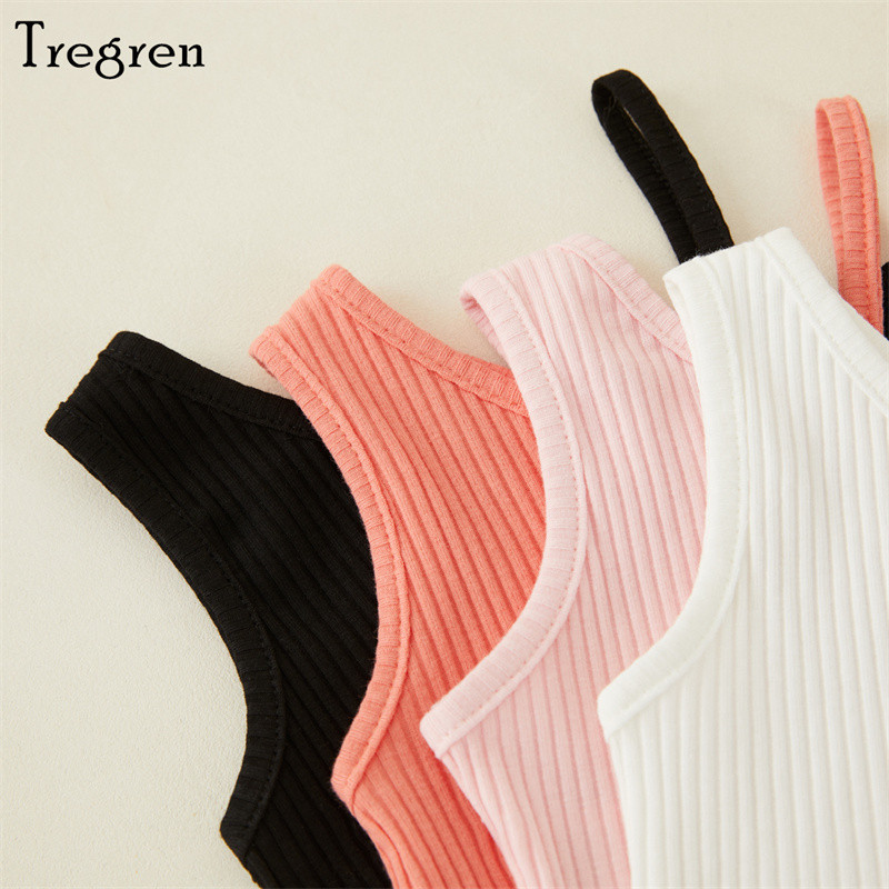 Tregren 2–8-aastased suvised väikesed tüdrukud, vestid, väikelapsed, armsa stiiliga ühevärvilised kaldus õlgadeta varrukateta vabaaja lühikesed topid