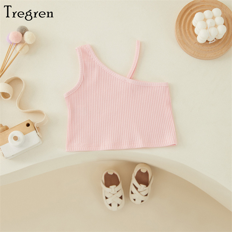 Tregren 2–8-aastased suvised väikesed tüdrukud, vestid, väikelapsed, armsa stiiliga ühevärvilised kaldus õlgadeta varrukateta vabaaja lühikesed topid